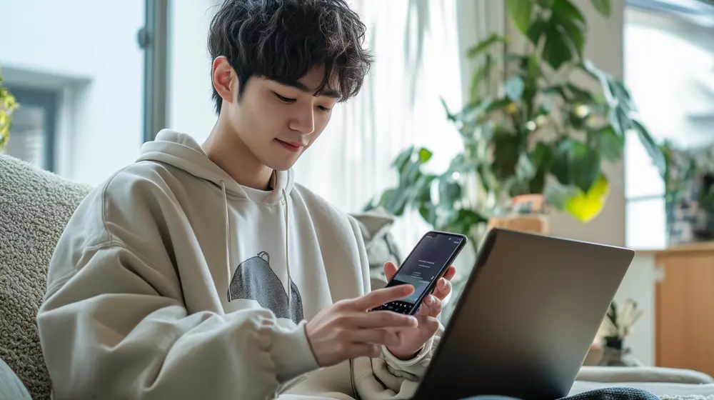 スマートフォンでメッセージを確認する男性