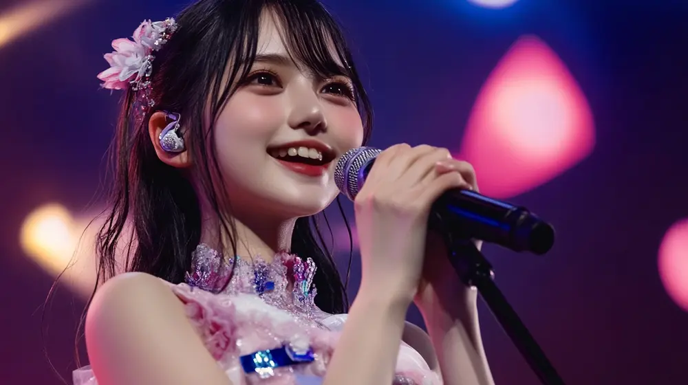 ステージでマイクを持ち笑顔で歌う女性