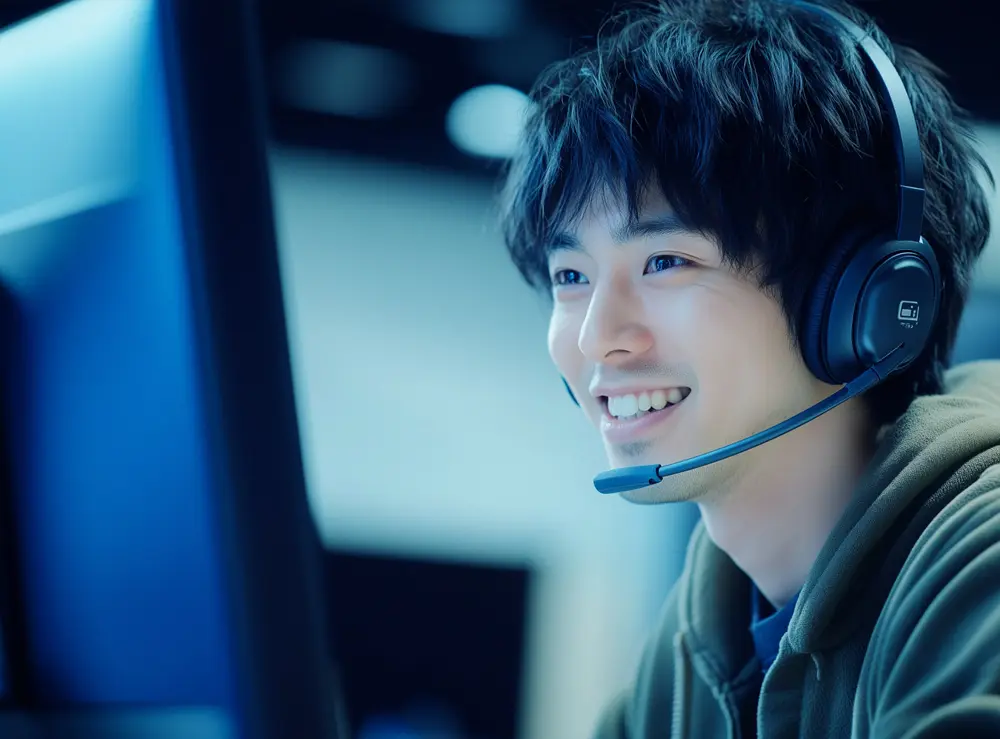 ヘッドセットを付けて笑顔で作業する若い男性